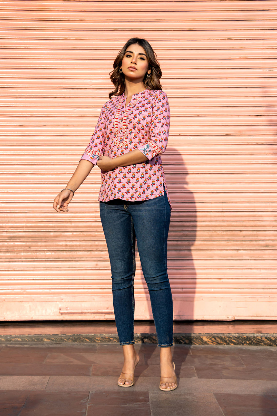 Pink Orange Buta Short Kurta