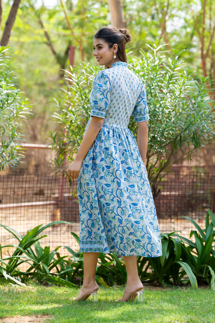 Grey Green Motif Nyra Cut Dress