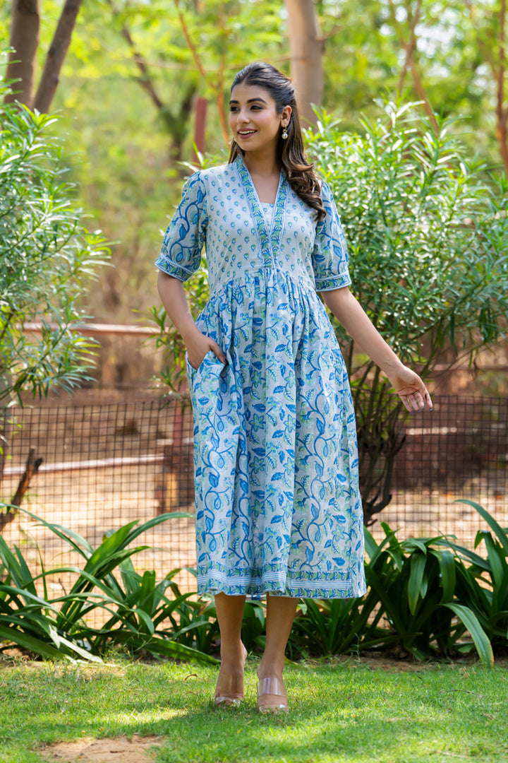Grey Green Motif Nyra Cut Dress