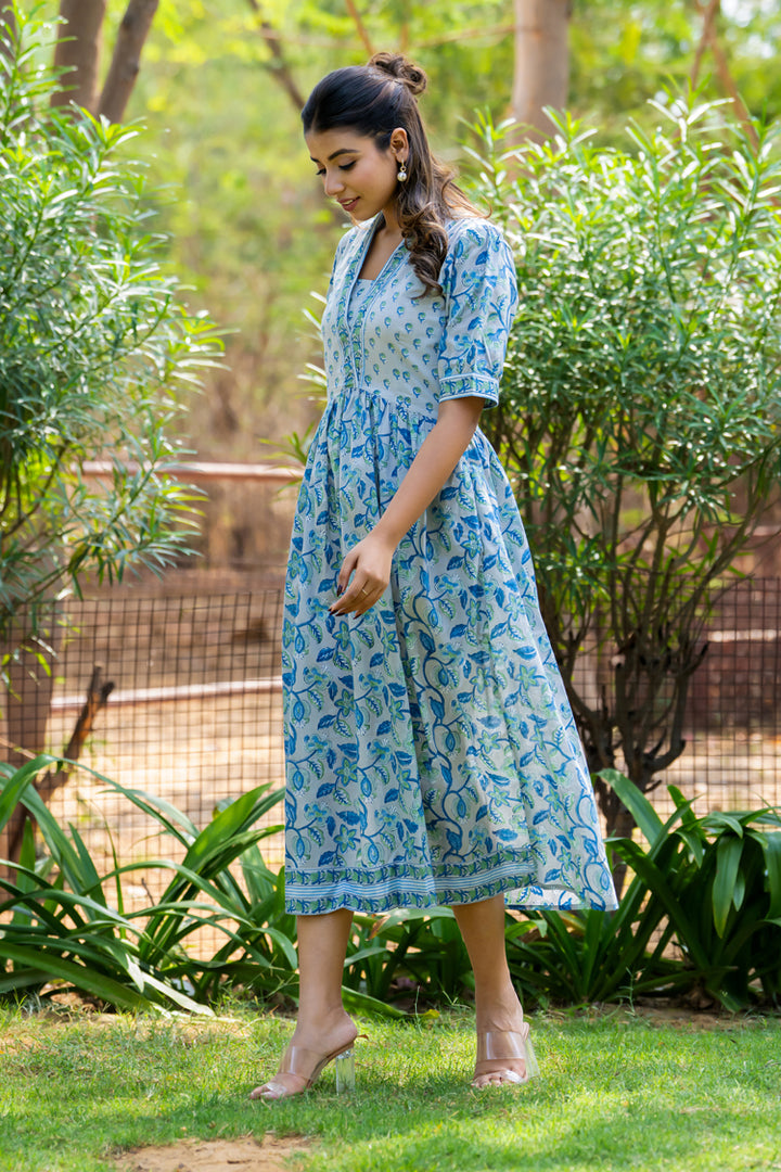 Grey Green Motif Nyra Cut Dress