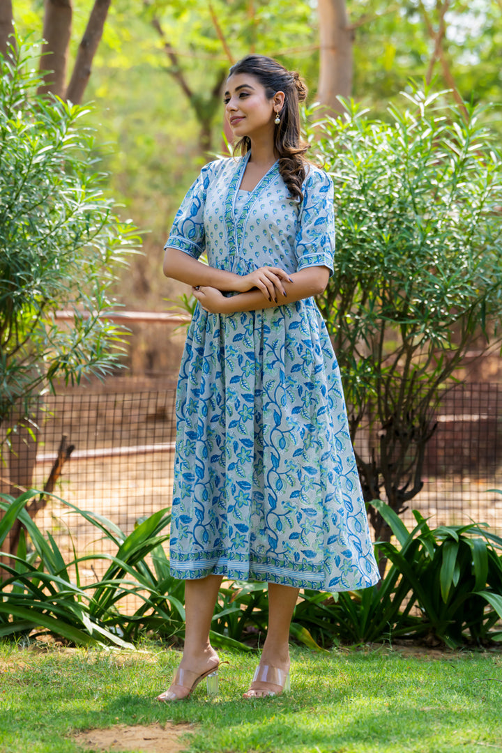 Grey Green Motif Nyra Cut Dress