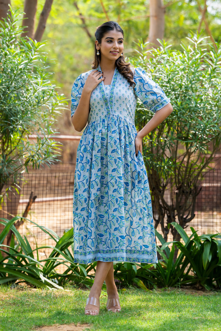 Grey Green Motif Nyra Cut Dress