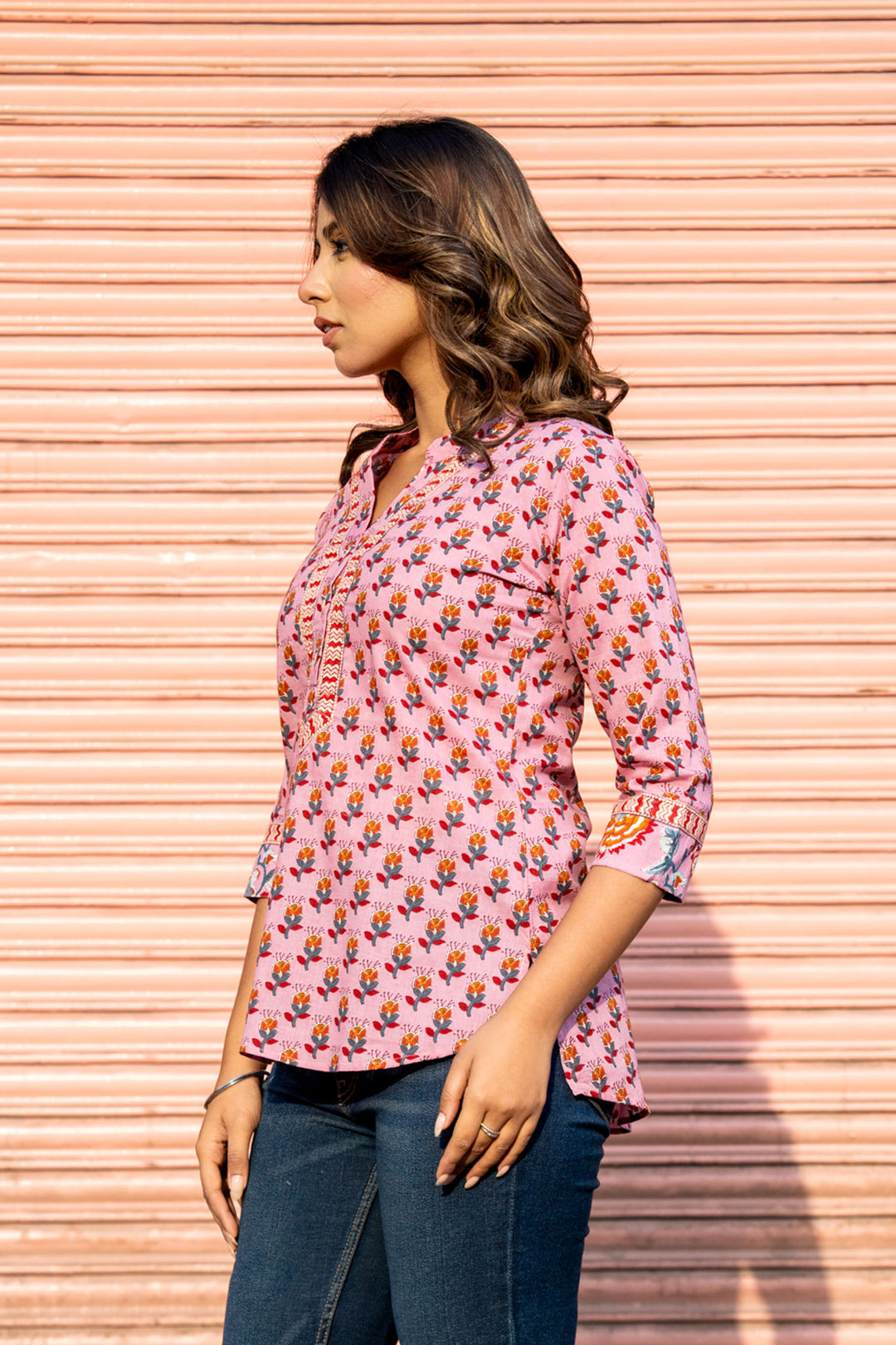 Pink Orange Buta Short Kurta
