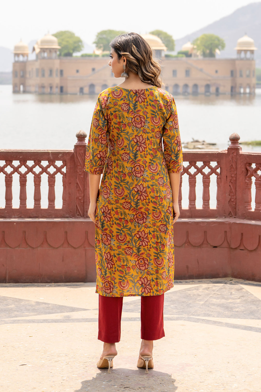 Mustard Pintucks Floral Kurta Set
