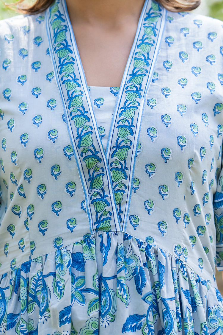 Grey Green Motif Nyra Cut Dress