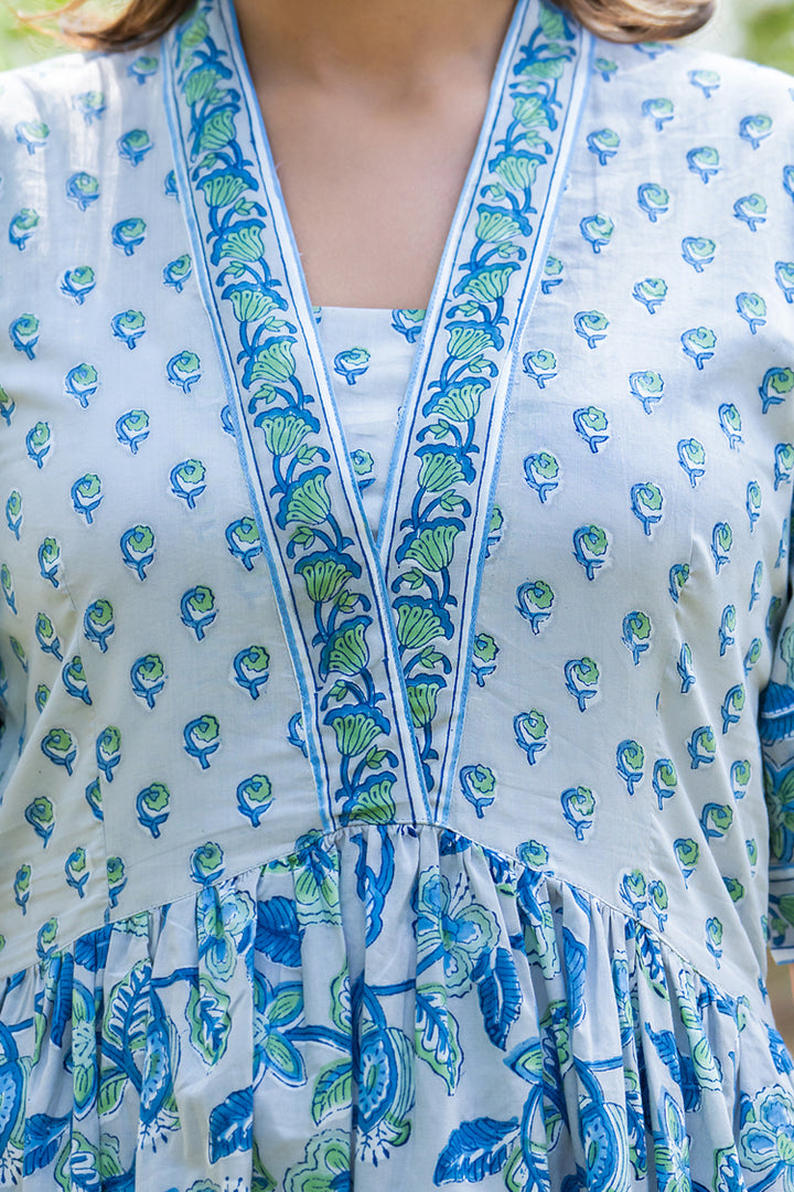Grey Green Motif Nyra Cut Dress