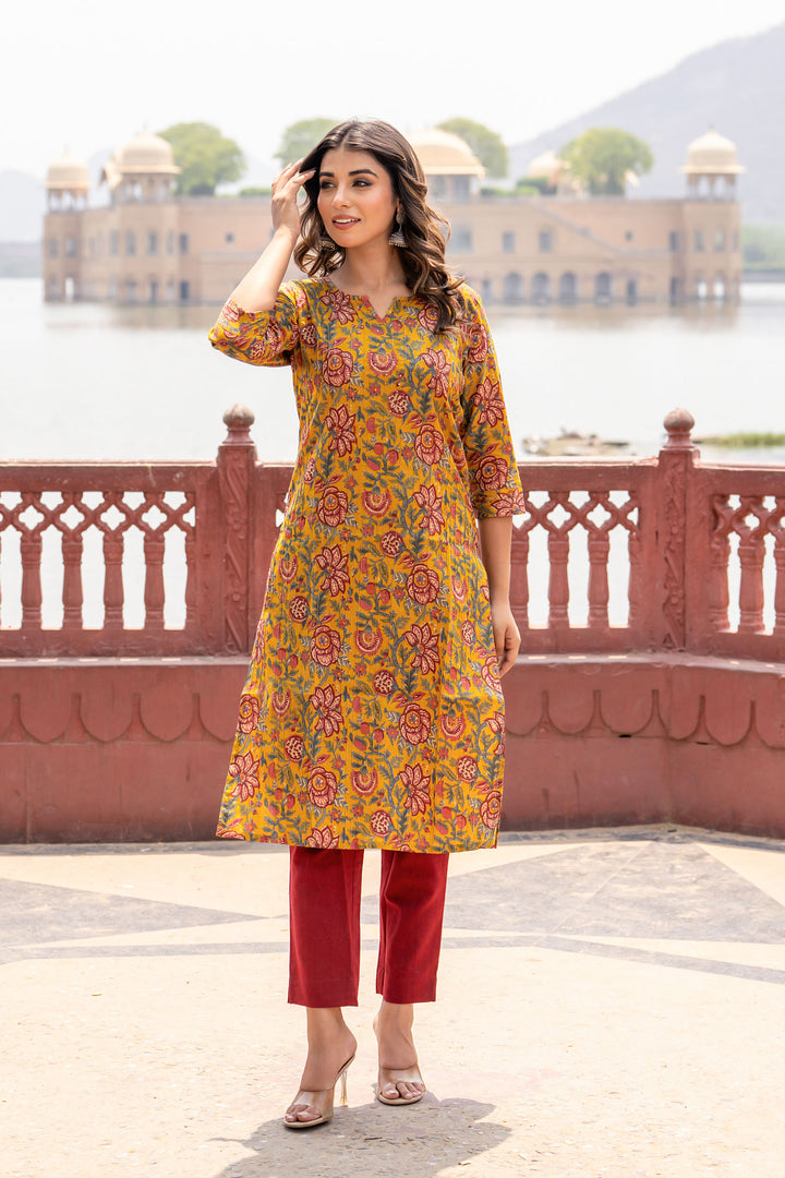 Mustard Pintucks Floral Kurta Set