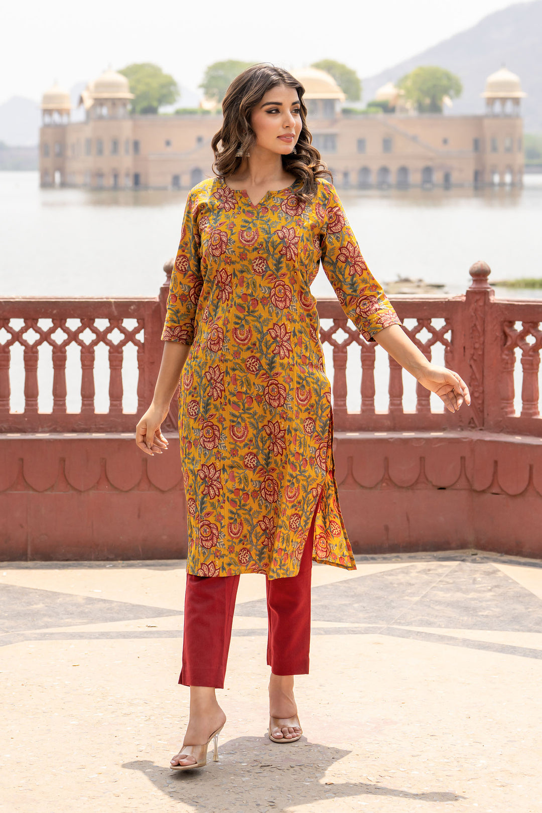 Mustard Pintucks Floral Kurta Set