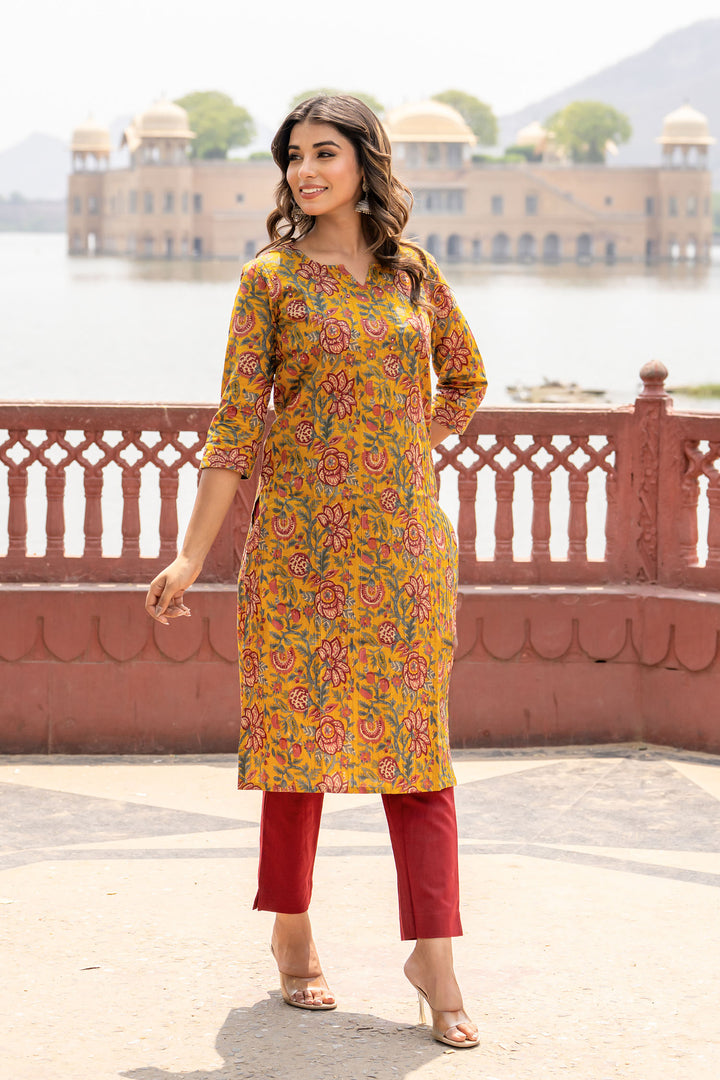 Mustard Pintucks Floral Kurta Set