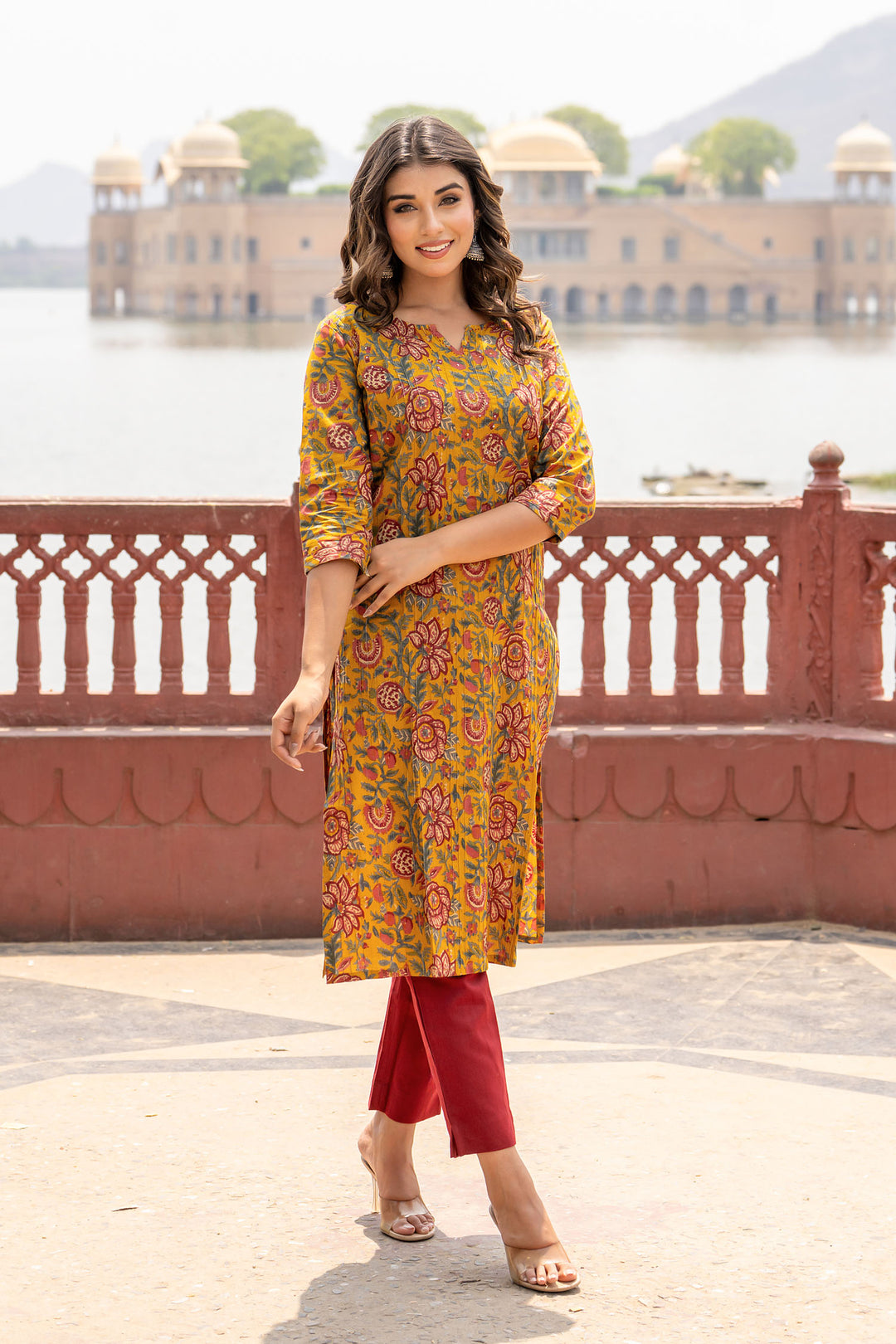 Mustard Pintucks Floral Kurta Set