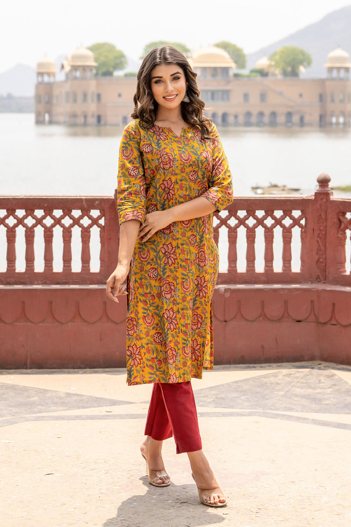Mustard Pintucks Floral Kurta Set