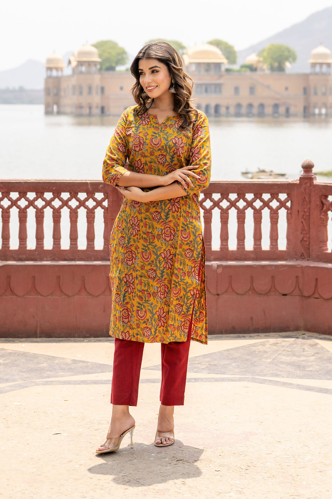 Mustard Pintucks Floral Kurta Set