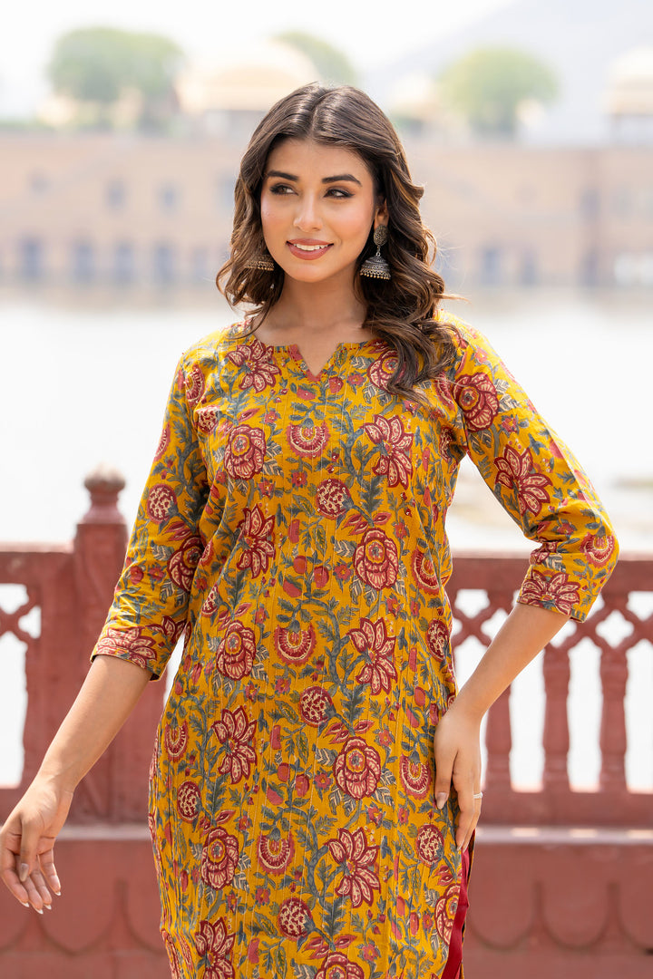 Mustard Pintucks Floral Kurta Set