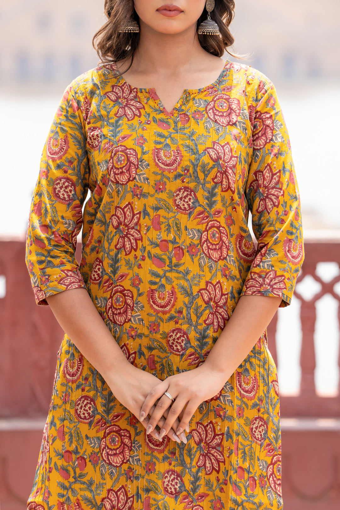 Mustard Pintucks Floral Kurta Set