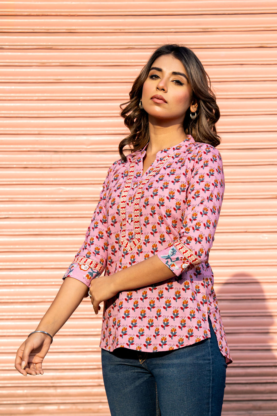 Pink Orange Buta Short Kurta