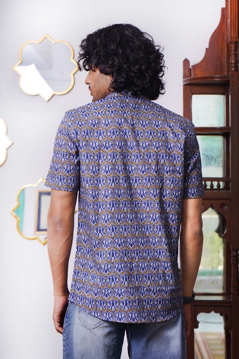 Blue Floral Lotus Print Shirt