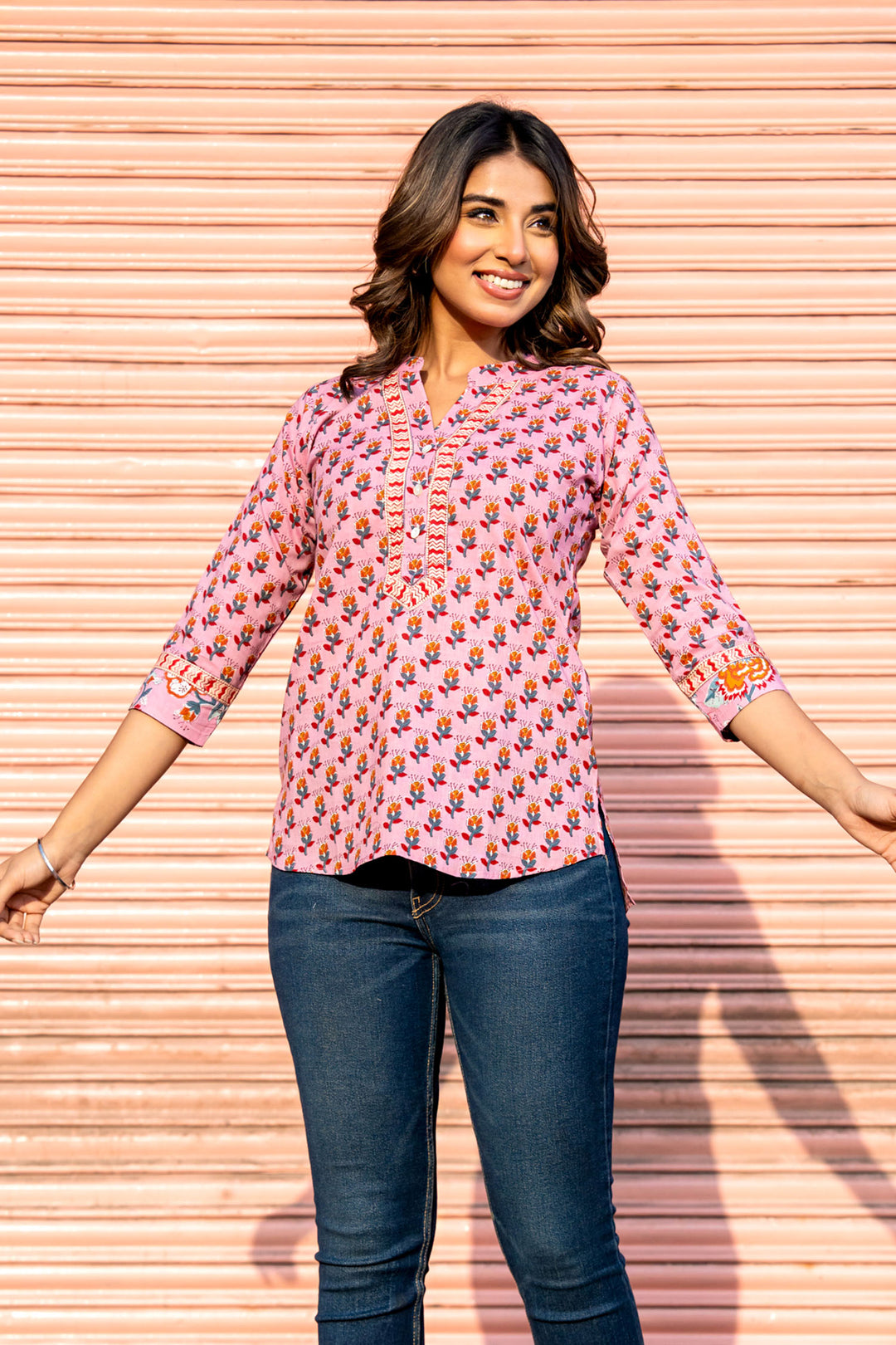 Pink Orange Buta Short Kurta