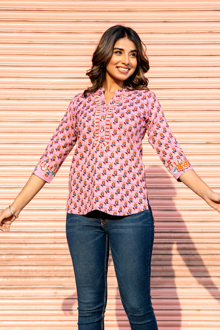 Pink Orange Buta Short Kurta
