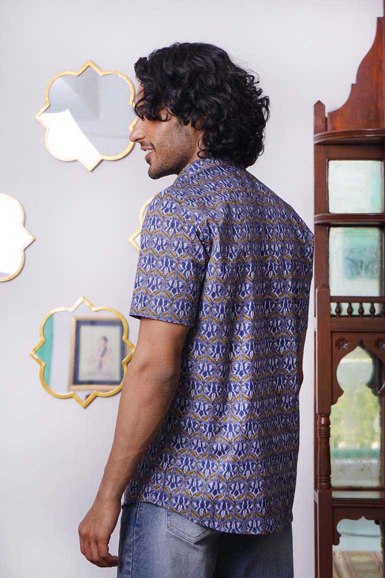 Blue Floral Lotus Print Shirt