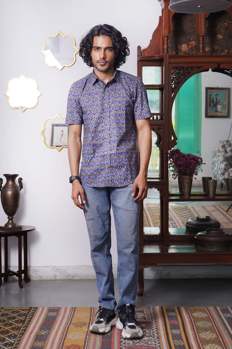 Blue Floral Lotus Print Shirt