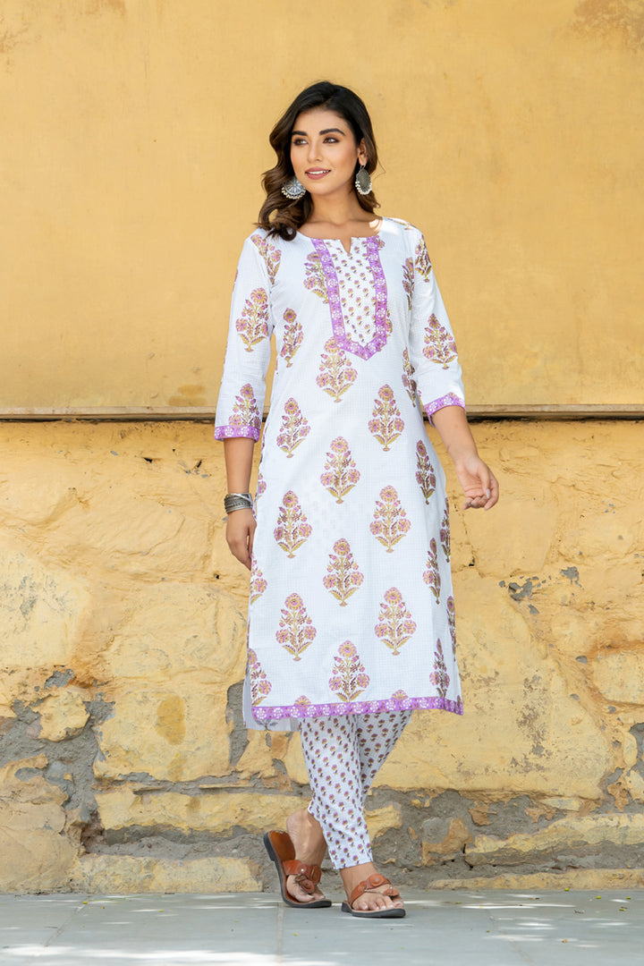 White Purple Mughal Buta Kurta Set