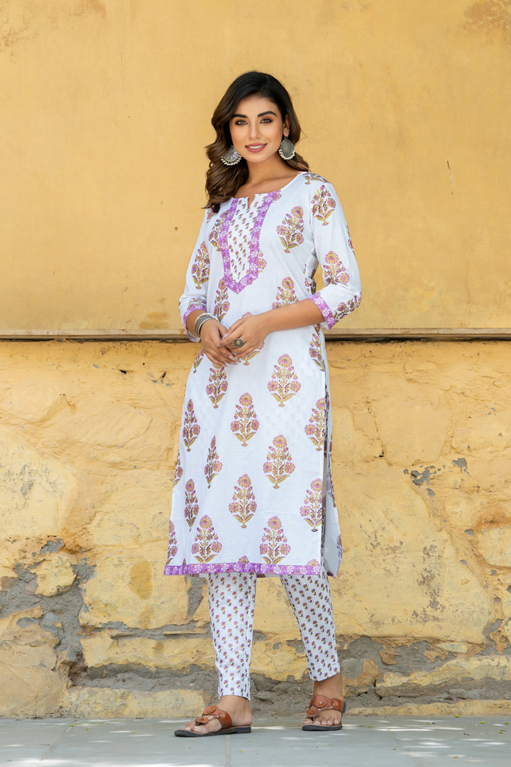 White Purple Mughal Buta Kurta Set