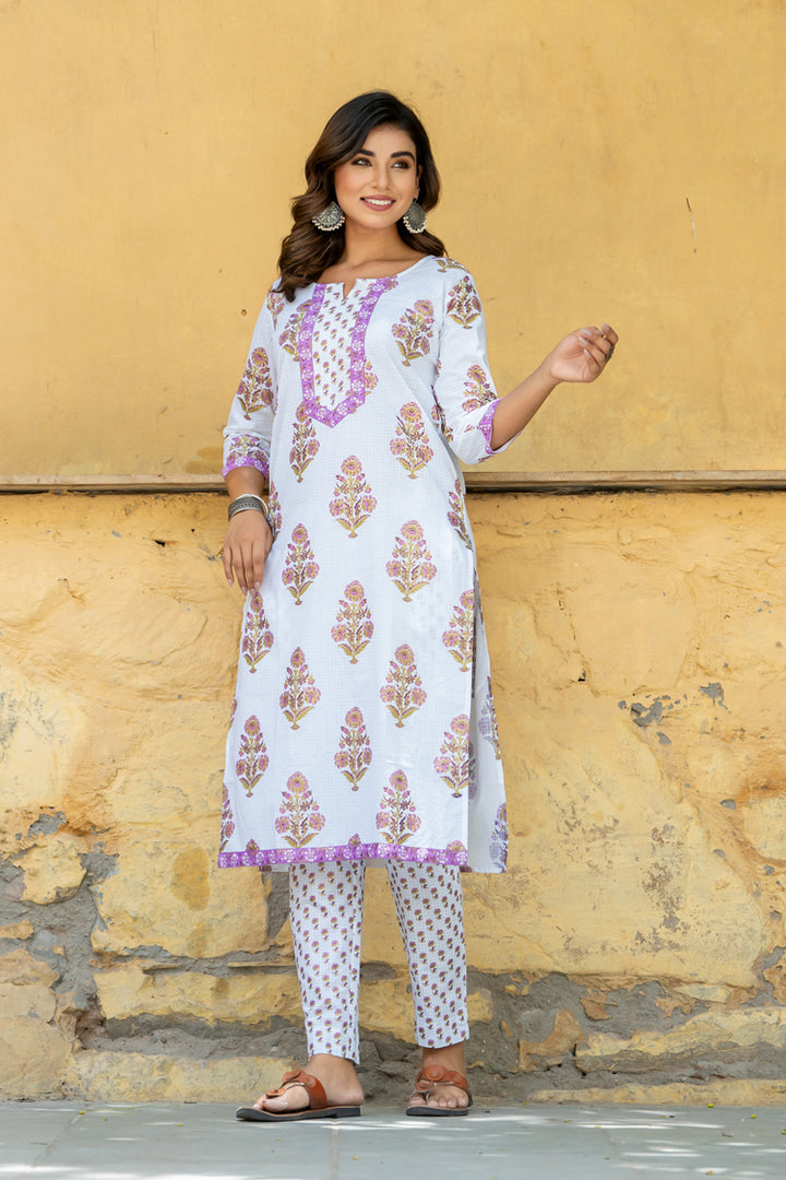 White Purple Mughal Buta Kurta Set
