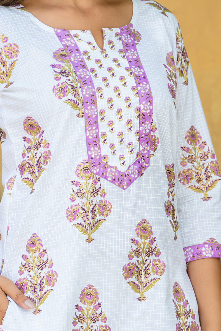 White Purple Mughal Buta Kurta Set