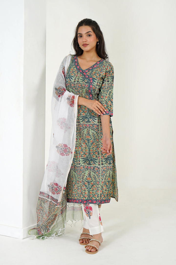 Green Mughal Buta Kurta Set