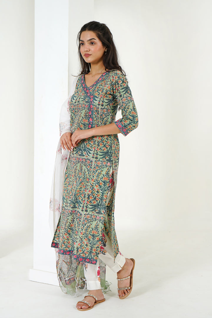 Green Mughal Buta Kurta Set