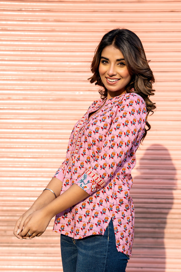 Pink Orange Buta Short Kurta