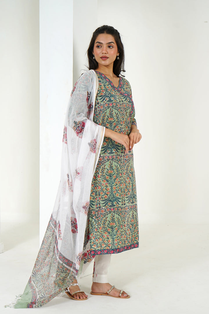 Green Mughal Buta Kurta Set