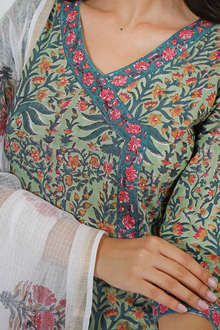 Green Mughal Buta Kurta Set