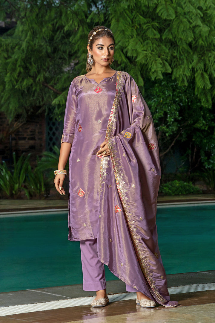 Pastel Purple Tissue Embroidery Kurta Set