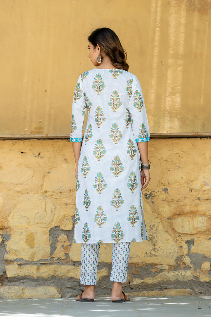 White Teal Mughal Buta Kurta Set