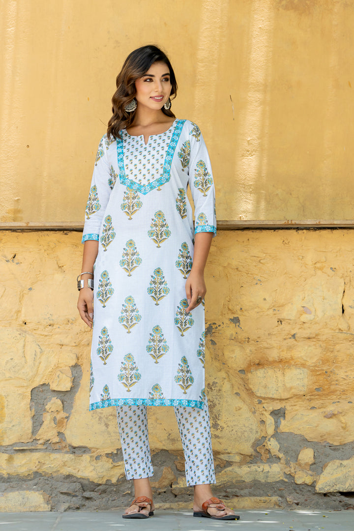 White Teal Mughal Buta Kurta Set