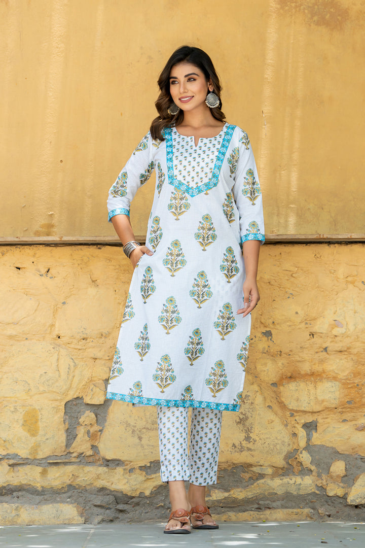 White Teal Mughal Buta Kurta Set