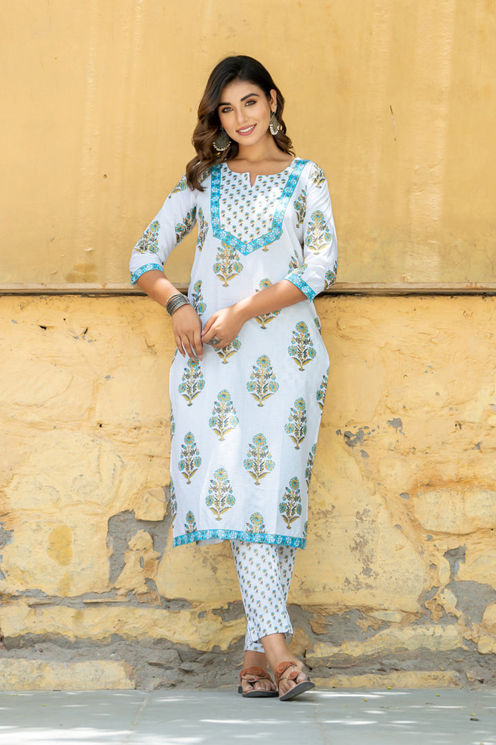 White Teal Mughal Buta Kurta Set