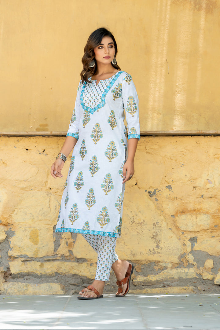 White Teal Mughal Buta Kurta Set
