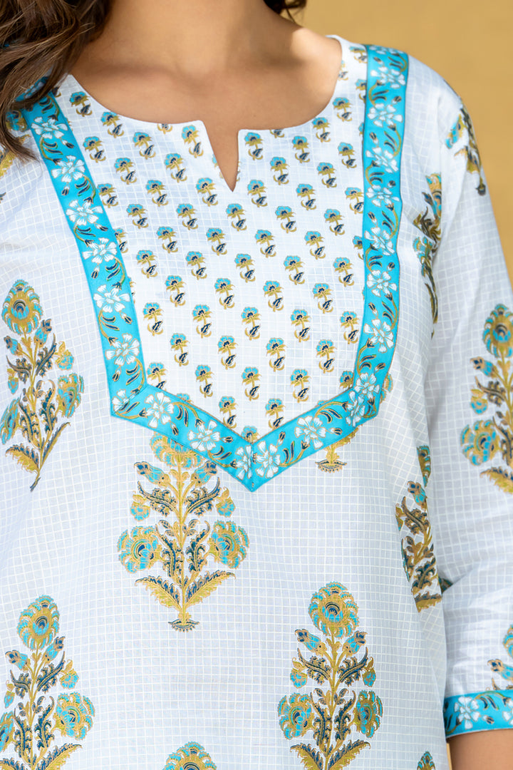 White Teal Mughal Buta Kurta Set