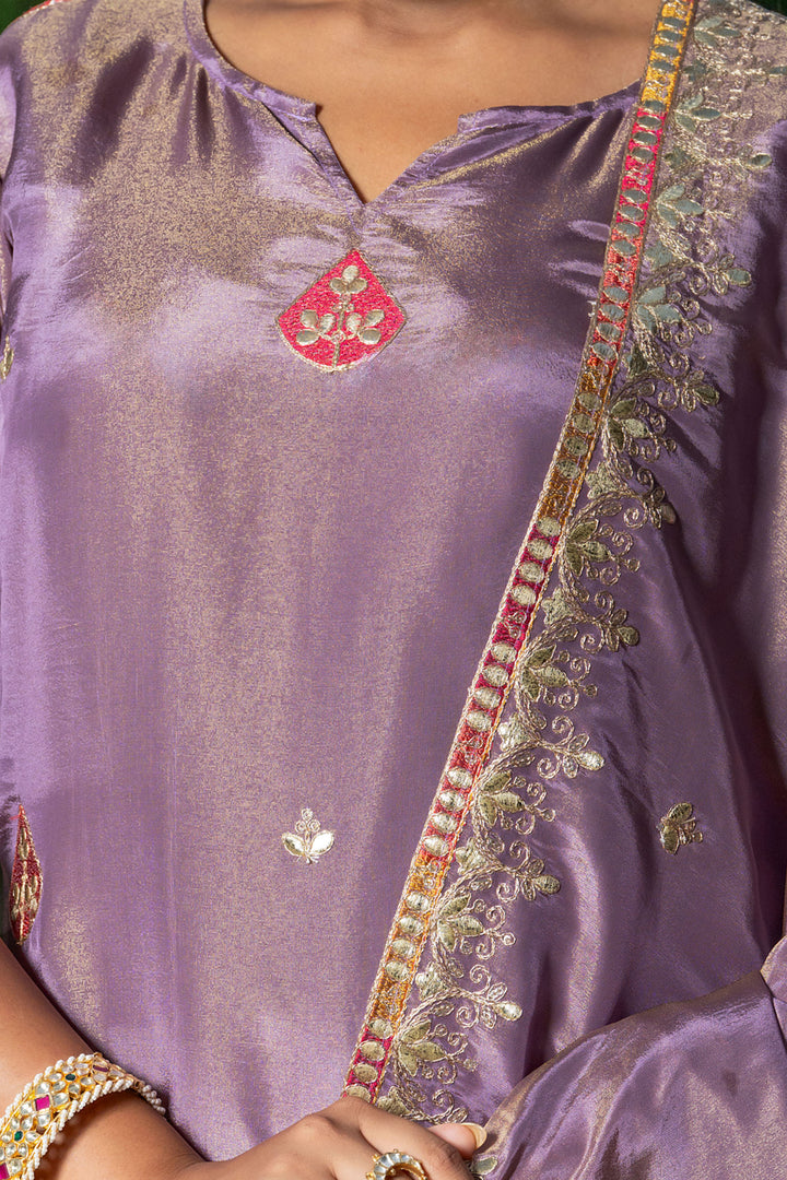 Pastel Purple Tissue Embroidery Kurta Set