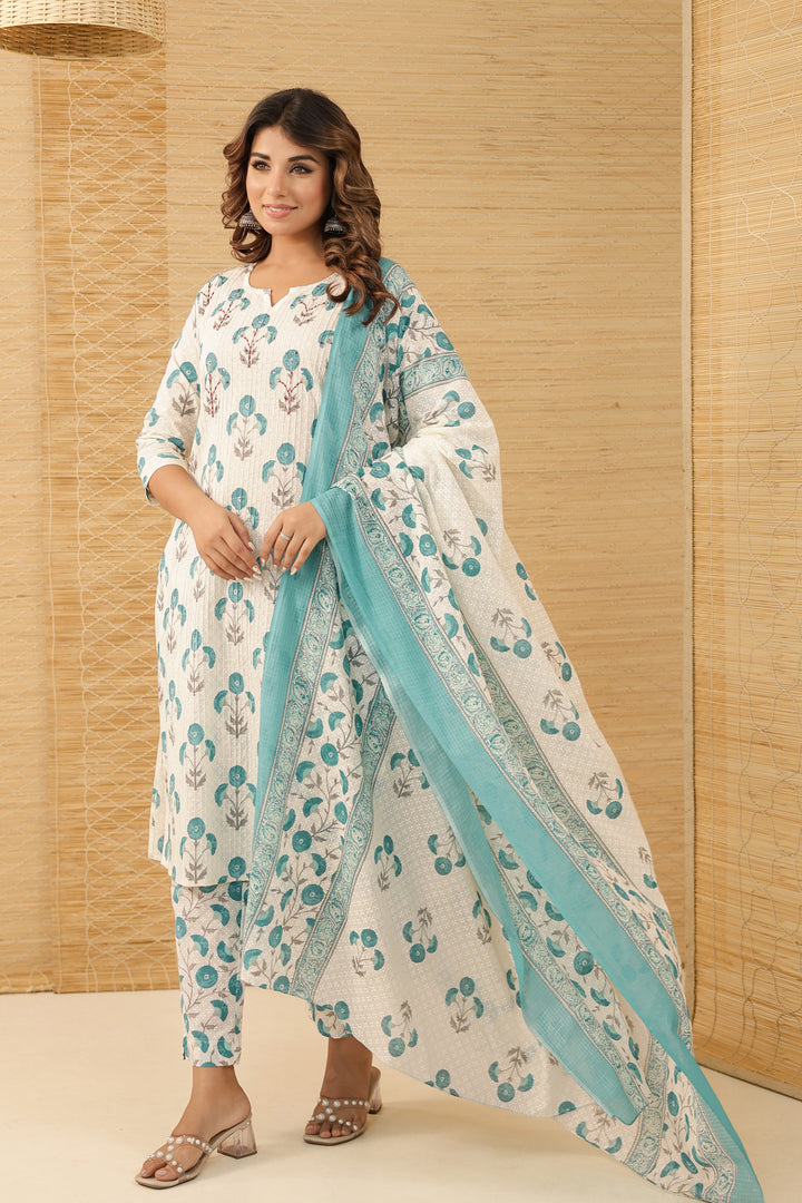 Blue Mughal Buta Floral Kurta Set