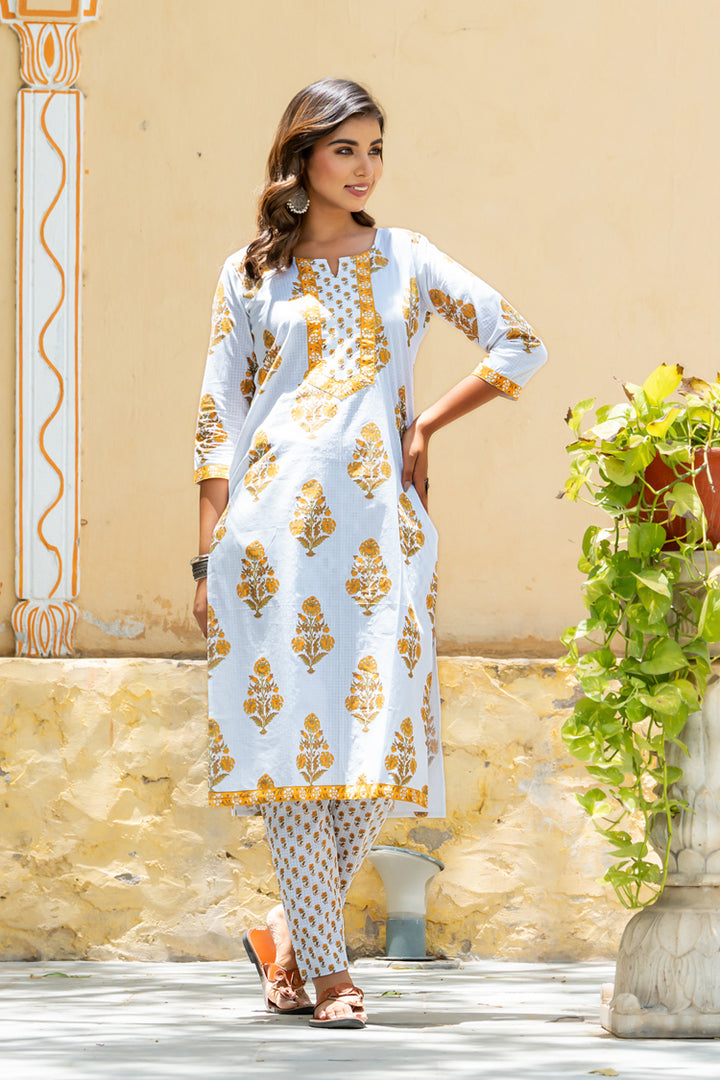 White Yellow Mughal Buta Kurta Set