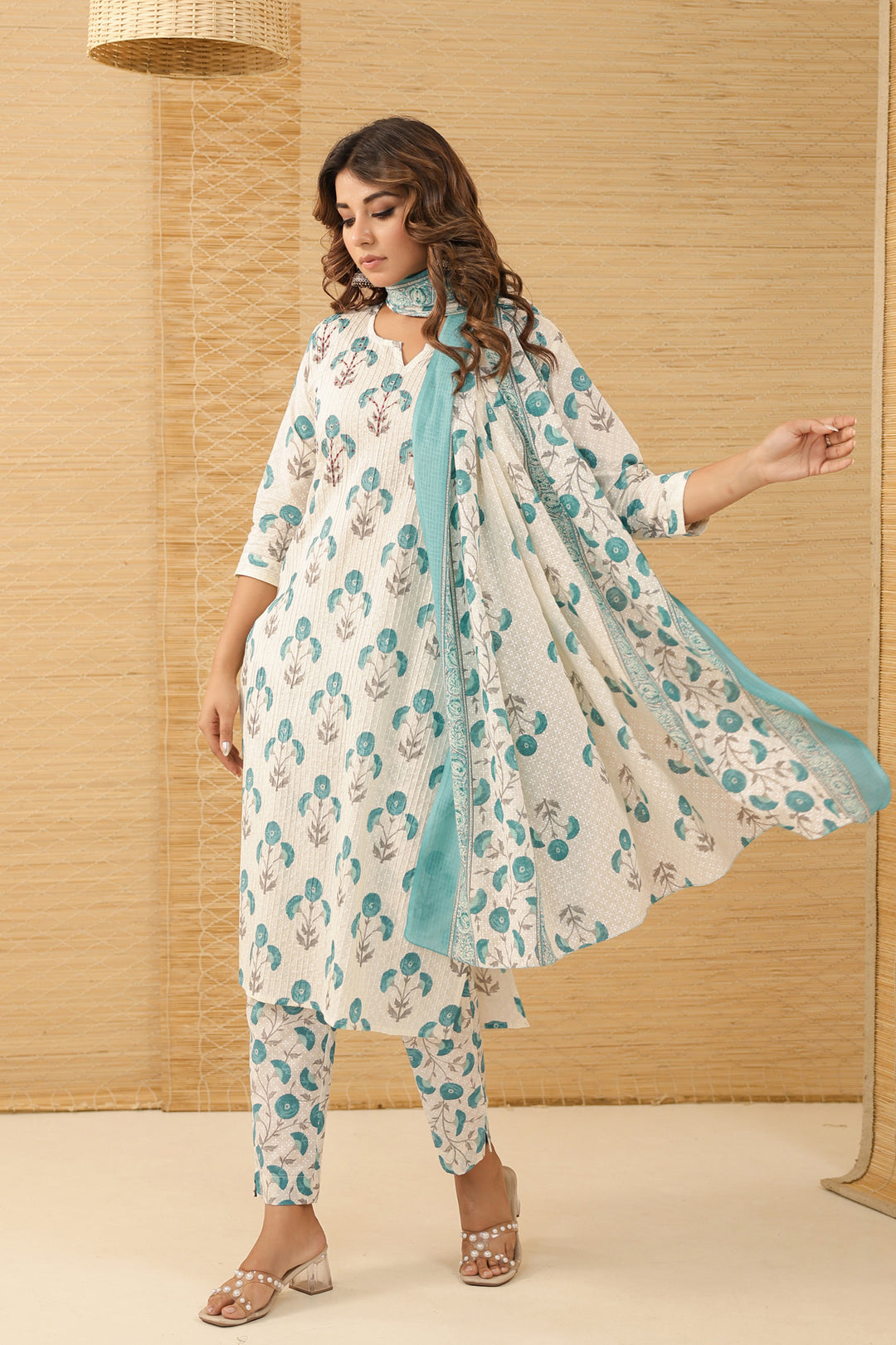 Blue Mughal Buta Floral Kurta Set