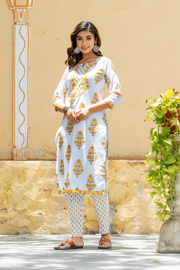 White Yellow Mughal Buta Kurta Set