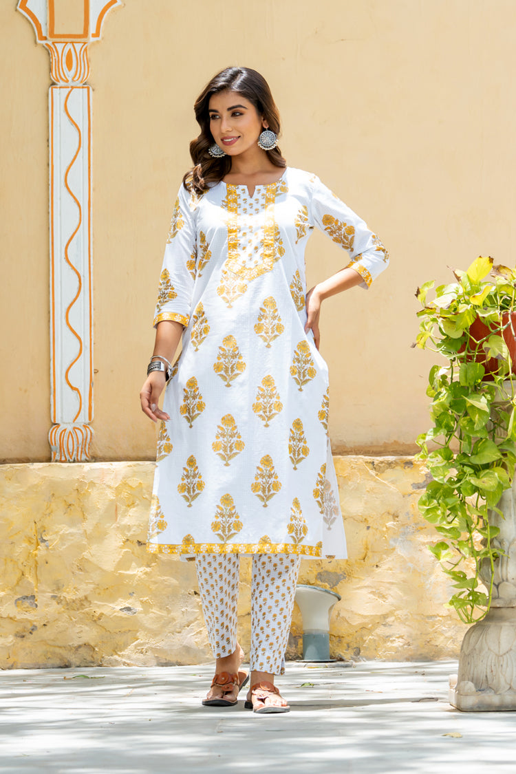 White Yellow Mughal Buta Kurta Set