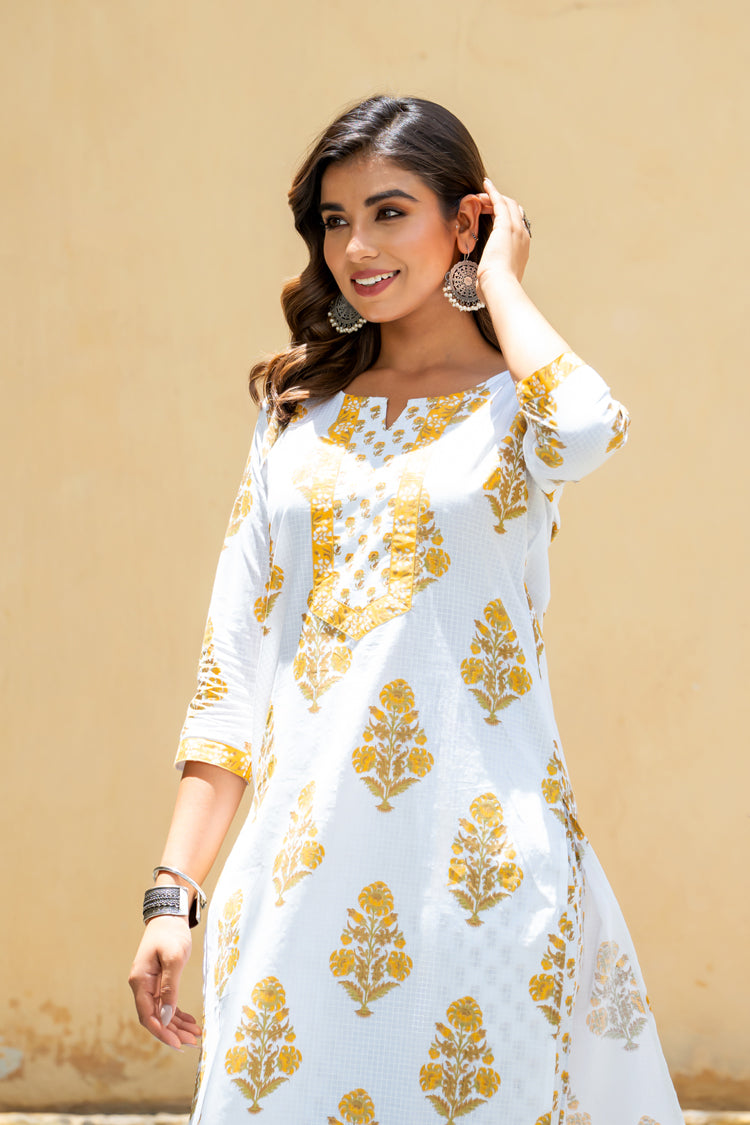 White Yellow Mughal Buta Kurta Set