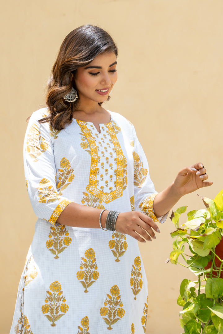 White Yellow Mughal Buta Kurta Set