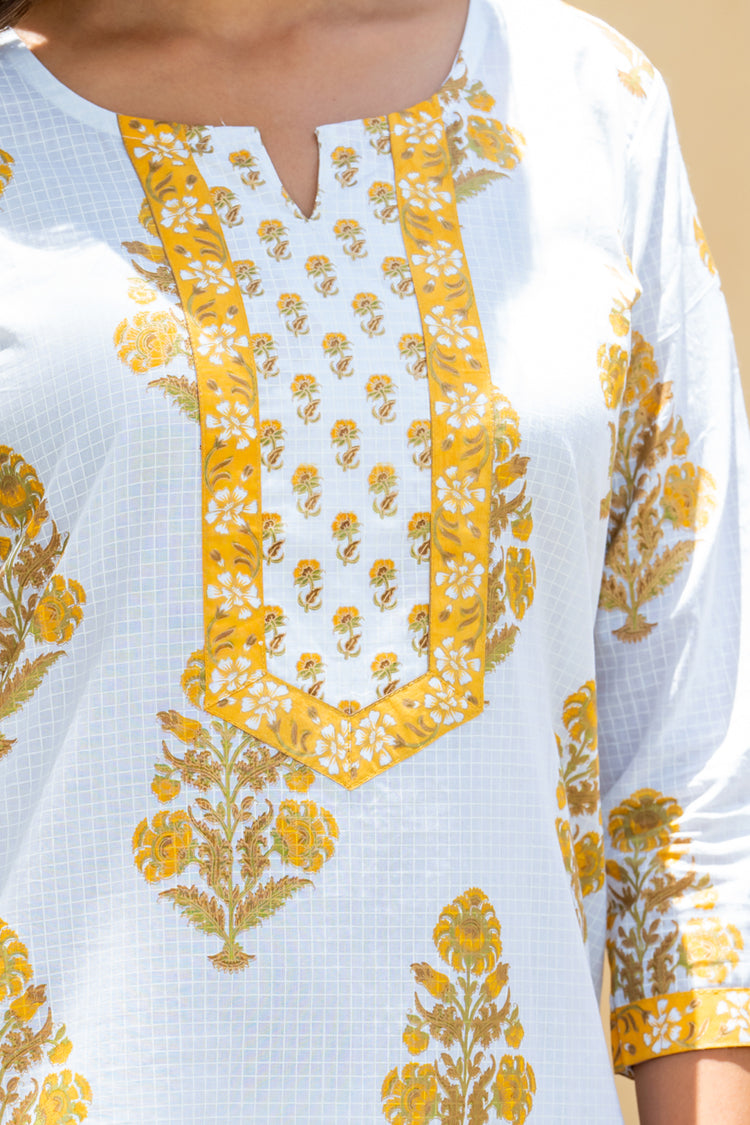 White Yellow Mughal Buta Kurta Set