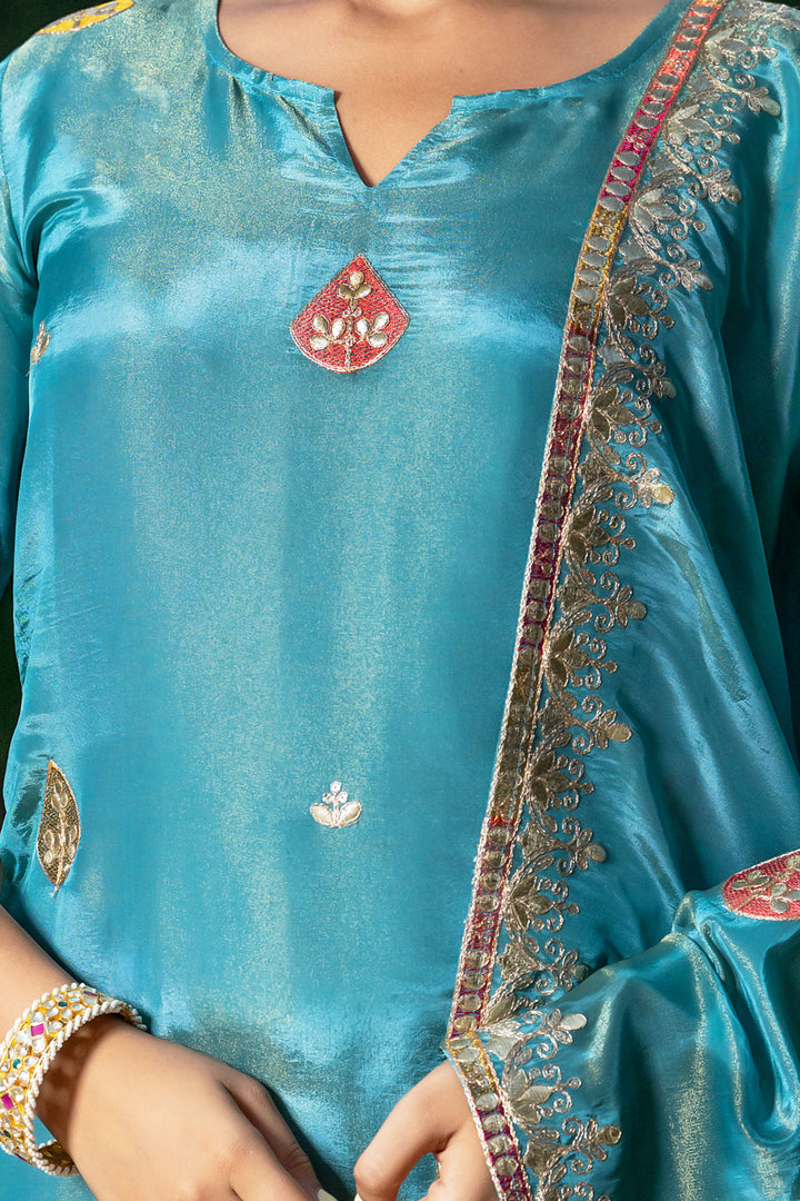 Turquoise Tissue Embroidery Kurta Set